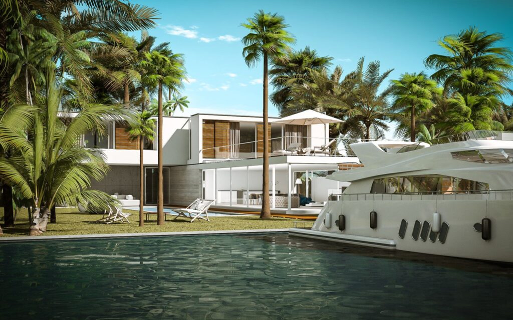 Residential 3D rendering of the modern and luxury miami family home with a lot of benefits