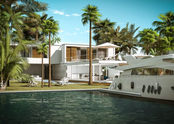 Residential 3D rendering of the modern and luxury miami family home with a lot of benefits