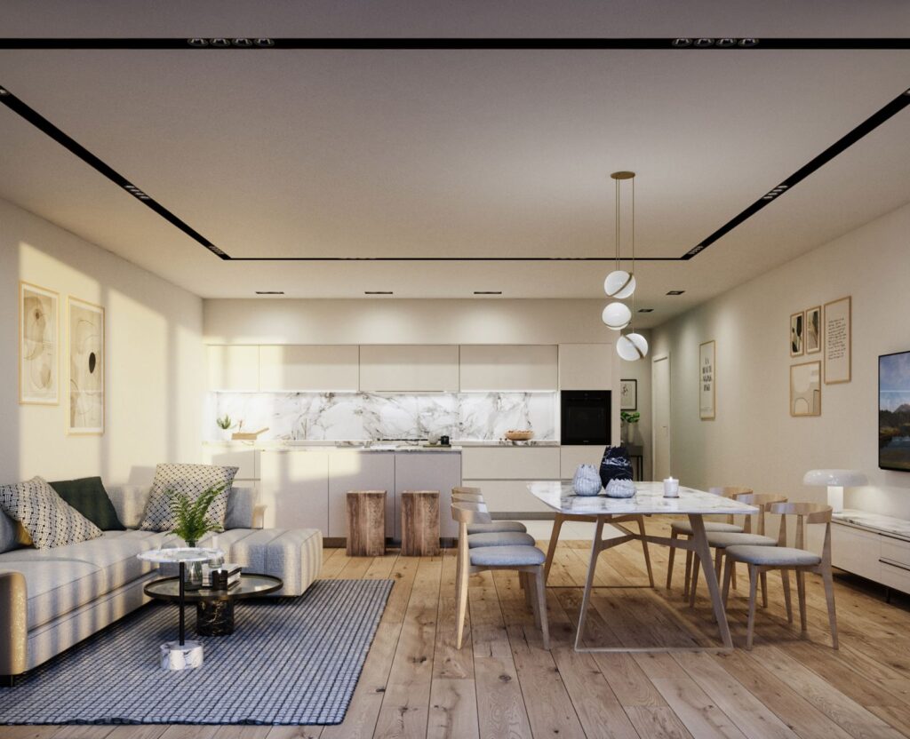 Residential 3D rendering of the Multi Family house open concept kitchen interior leading to living room