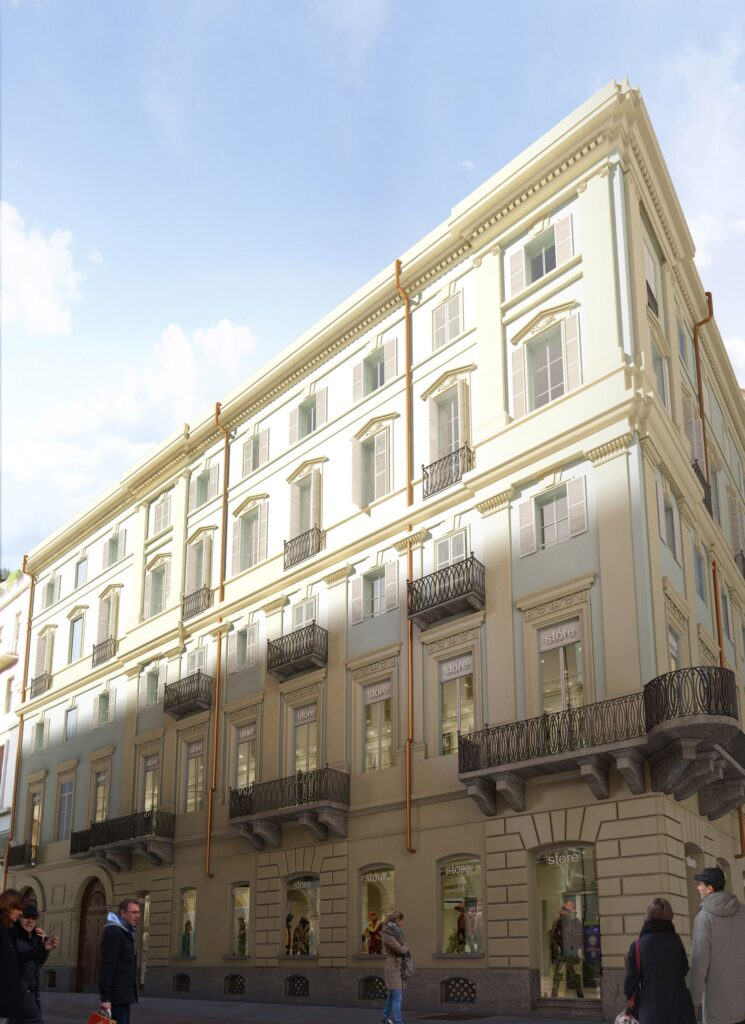 3D-Rendering des umgebauten Gebäudes Lagrange 12 Turin im Winkel zwischen Via Lagrange und Via Giolitti