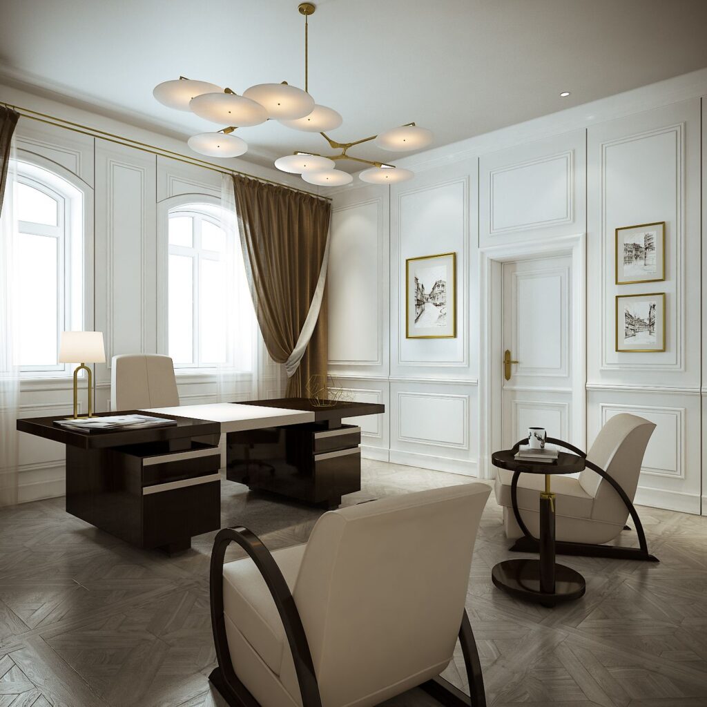 Residential 3D rendering of the Romanian Family home office, with varnished wooden furniture and textured white walls