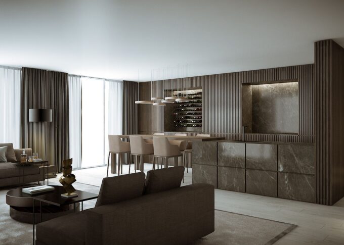 Residential 3D rendering of the Zurich family home with a dining room and living room connected decorated with dark furniture