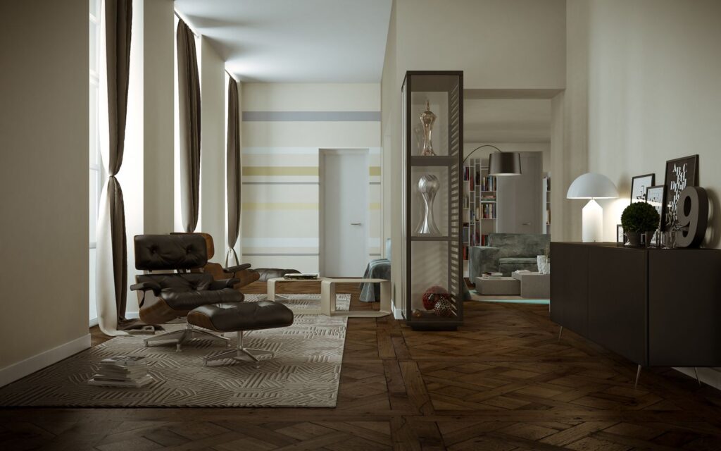 Residential 3D rendering of the rest area that connects to the living room illuminated by natural light at The Number 6