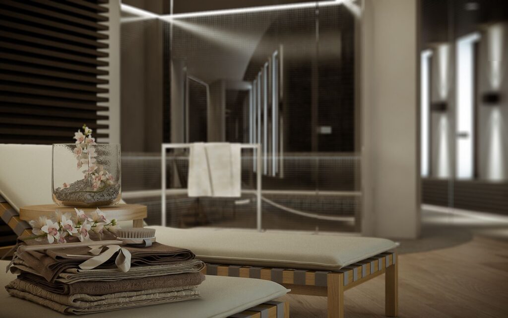 Residential 3D rendering of the Family villa rest area wooden furniture and floor