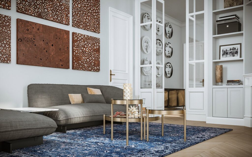 Residential 3D rendering of the Housing renovation of the modern rest area, with a blue carpet, red paintings and gray armchairs