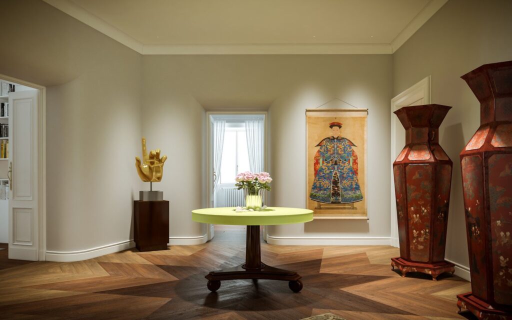 3D-Wohndarstellung des Mailänder Apartmentzimmers, dekoriert mit verschiedenen Kunstwerken, die sich perfekt ergänzen