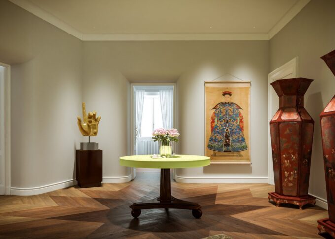 Residential 3D rendering of the Milan apartment room decorated with different pieces of art that complement each other perfectly