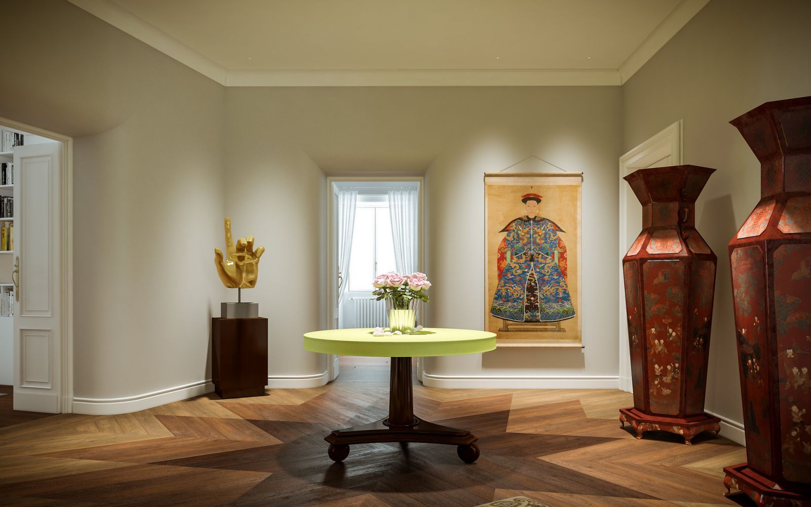 Residential 3D rendering of the Milan apartment room decorated with different pieces of art that complement each other perfectly