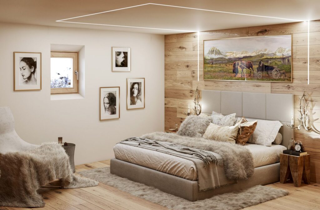 Wohn-3D-Rendering des Celerina Housing-Schlafzimmers im sehr ausgeprägten rustikalen Stil, dekoriert mit Holzwänden und Felldecken