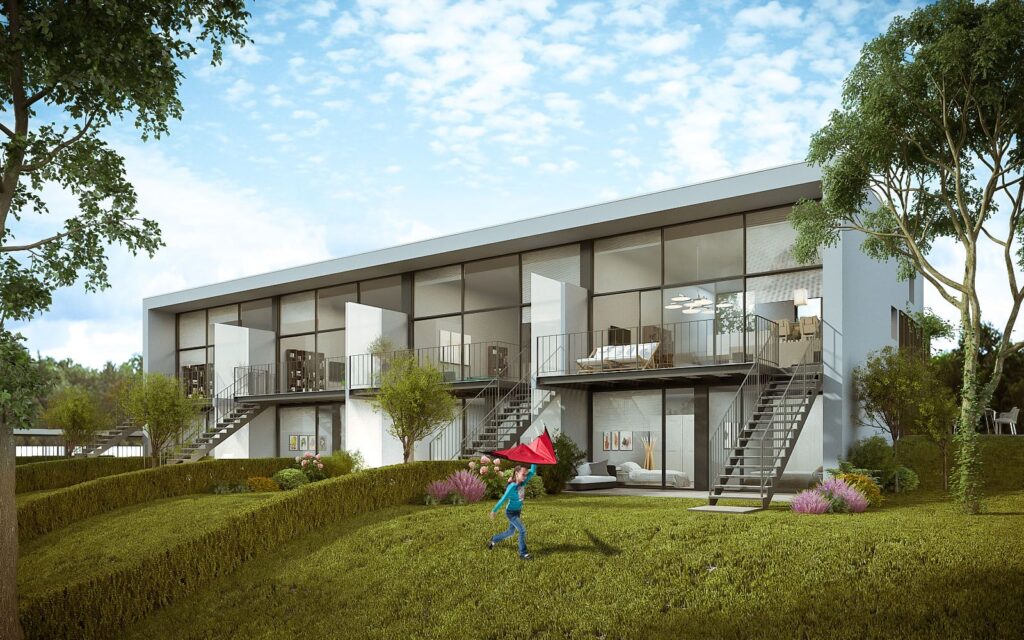 Residential 3D rendering of the small building with direct exit to a large and safe park at Vernier Flats