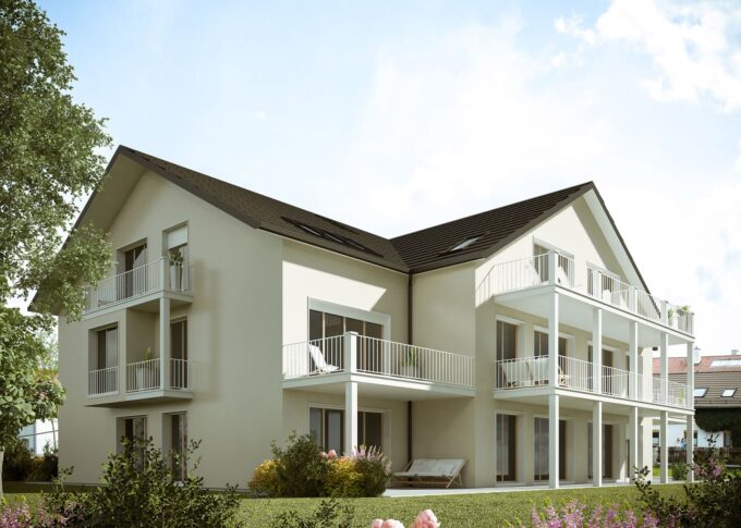 Residential 3D rendering of the Multi Family at Munchen exterior, painted cream color, with large balconies and many windows