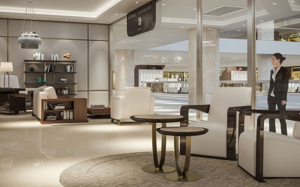 3D-Rendering des China-Geschäfts von Hugues Chevalier mit Marmorboden, Glaswänden und eleganten Möbeln