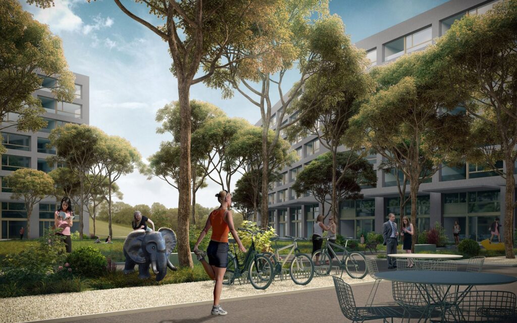 Retail 3D rendering of the Schiffenen housing with outdoor furniture, a large green space and a place to leave your bicycles