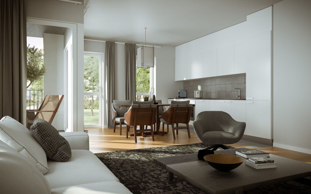 Retail 3D rendering of the Quartier de l'Etang modern style furniture, white, gray and brown