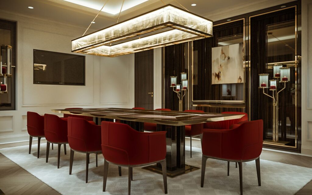 Retail 3D rendering of the luxury Jewelry penthouse decorated with refined style red chairs