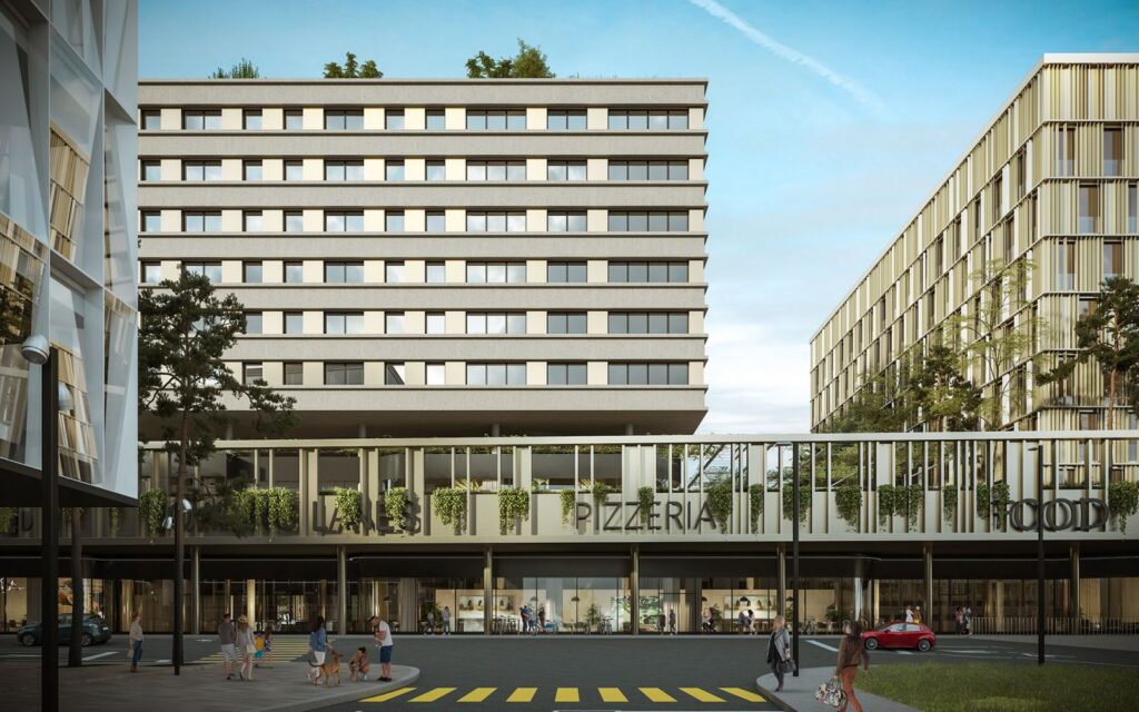 Urban 3D rendering of the Quartier de l'Etang exterior of buildings with premises on the ground floor