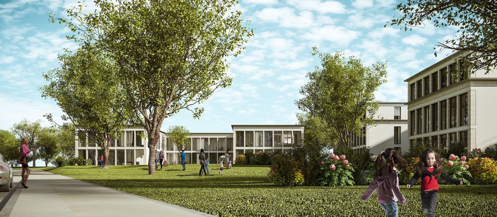 Urban 3D rendering of the Multi Family and park buildings with large windows and green cherry trees that complements the space