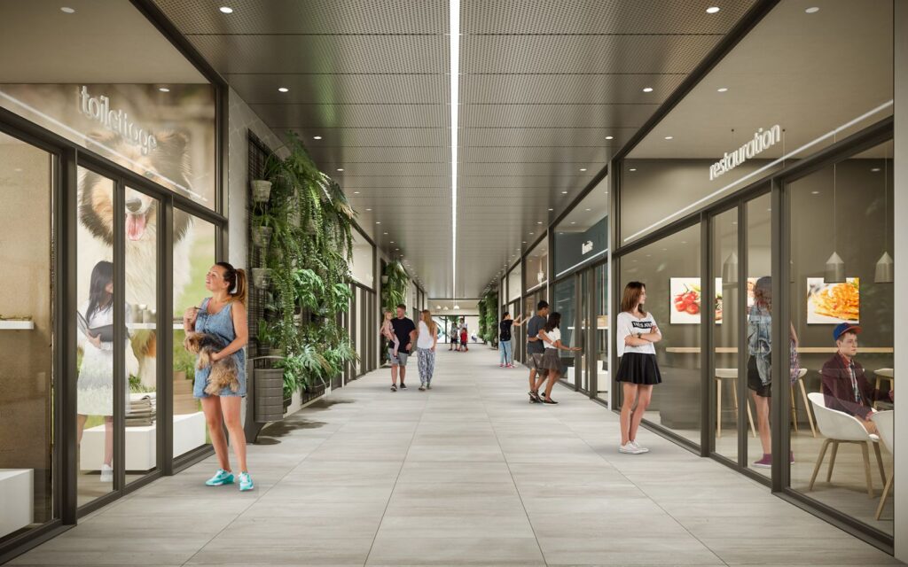 Urban 3D rendering of the Concord housing spaces where commercial activities are carried out