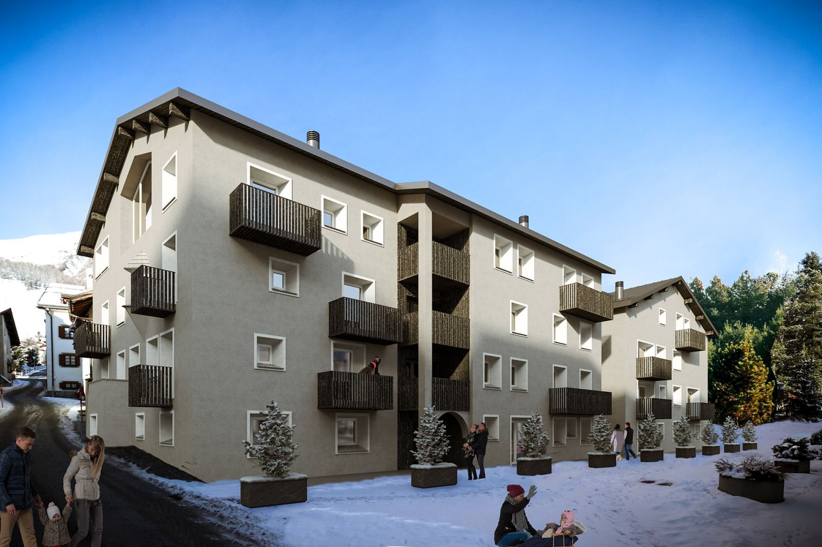 Urbanes 3D-Rendering des minimalistischen Äußeren des Celerina Housing, graue Fassade mit schwarzen Balkonen