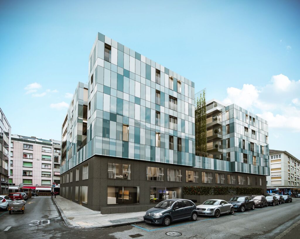 Urban 3D rendering of the Rossi 16 - Multi Family exterior with a full glass facade and shops in the lower part of the building