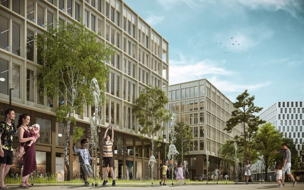 Exterior 3D rendering of the Quartier de l'Etang designed with a facade with many windows, fountains in the front and many trees