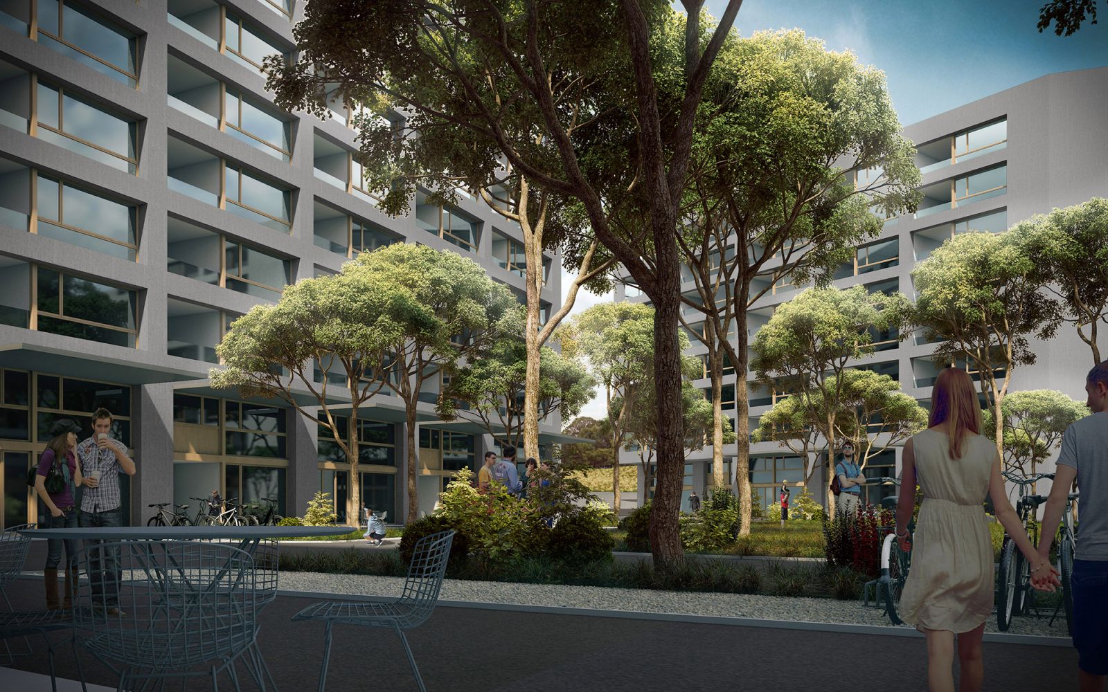 Urban 3D rendering of the Schiffenen housing exterior with clean finishes, which fit into the space where the construction is located