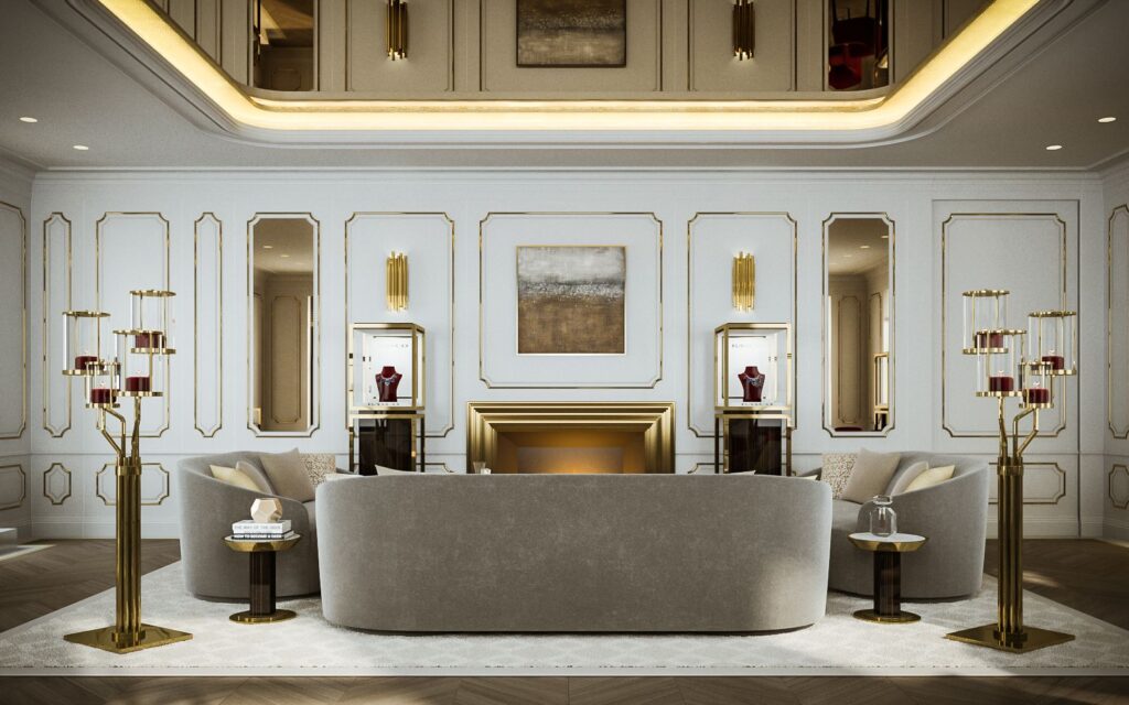 Urban 3D rendering of the luxury Jewelry penthouse with grey sofas and warm lights