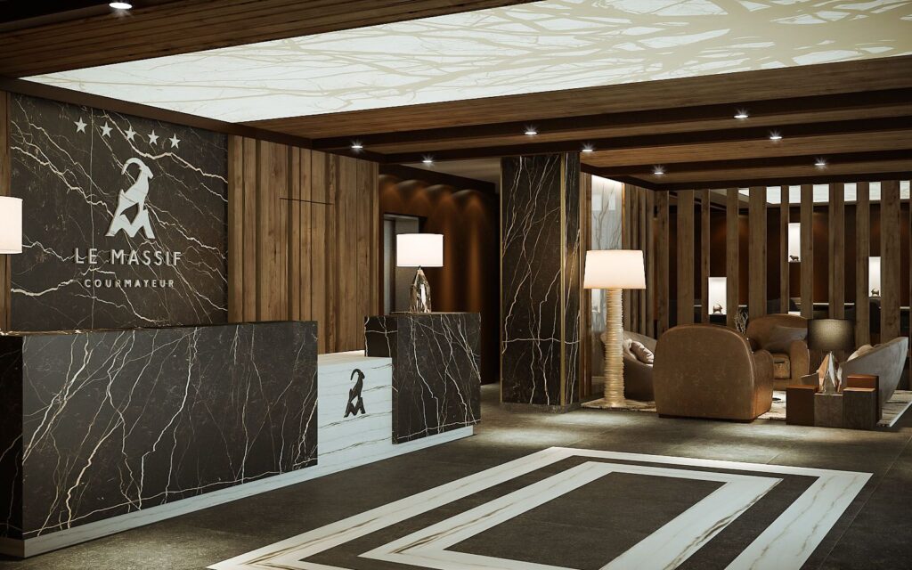 Urban 3D rendering of the Hotel Massif hall entrance designed with marble and dark wood, in addition to a very well-lit ceiling