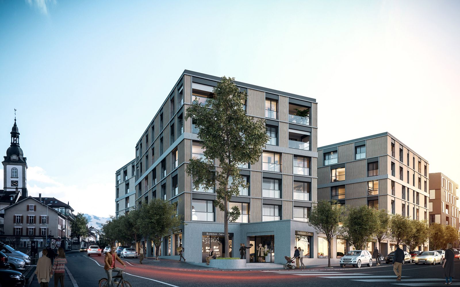 Urban 3D rendering of the Portes de Bull Housing modern exterior facing the street, so the ground floor was used to set up shops