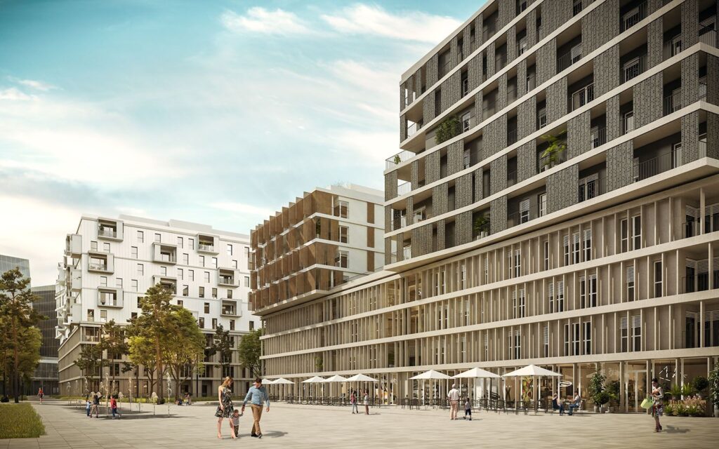 Urban 3D rendering of the Quartier de l'Etang modern and original exterior with shops below and plants that achieve a better union with the environment