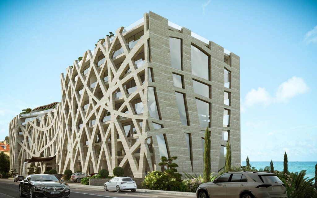 Urban 3D rendering of the modern Five stars hotel exterior decorated with a textured design walls