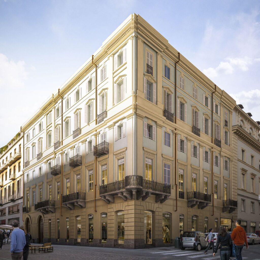 Urban 3D rendering of the Lagrange 12 Turin with daylight that combines two styles