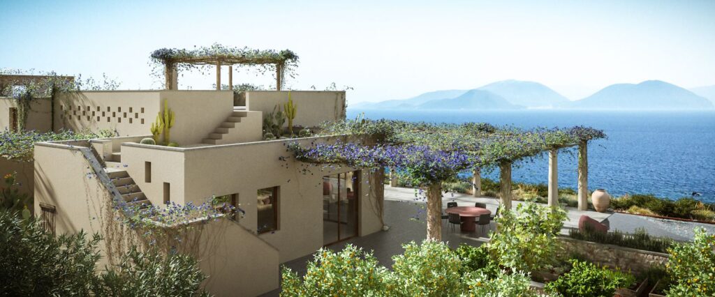 Urban 3D rendering of the Lefkada Houses exterior where the different levels of the house can be differentiated and how it joins the environment where it is located