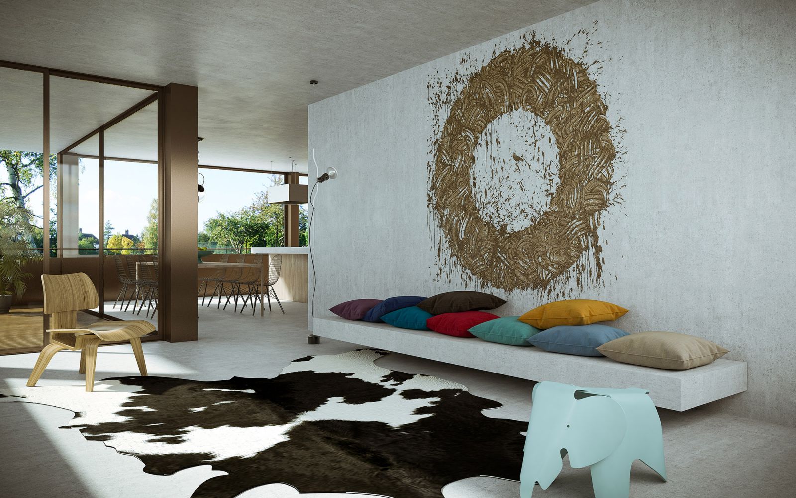 Urban 3D rendering of the rest area with a sofa and a good view at the Le Vallon De Villars