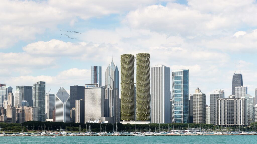 Urban 3D rendering of the Rotating towers that stand out in the city with panoramic balconies and hanging garden.