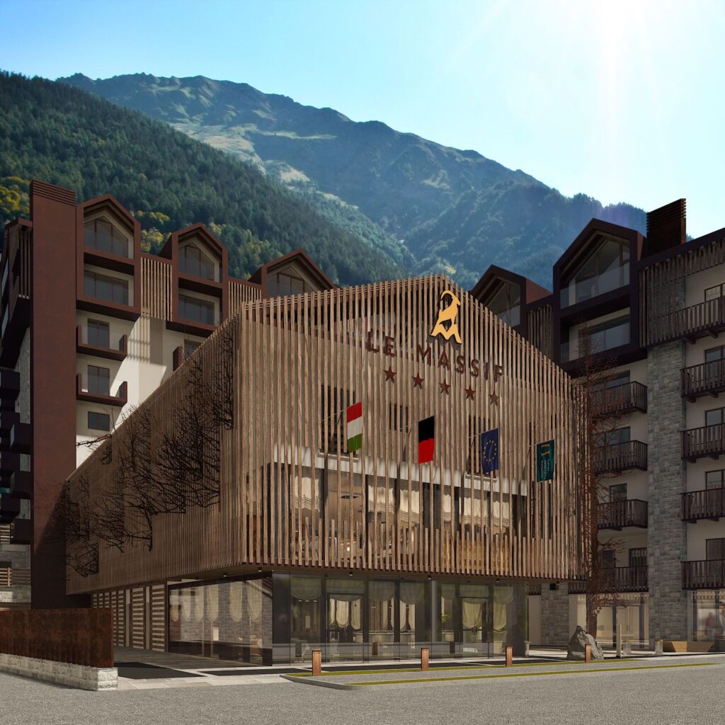 Urban 3D rendering of the Hotel Massif exterior with wooden and glass bars under them that blends very well with the environment