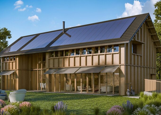 Exterior 3D rendering of the Farmhouse with wooden walls and technological innovations