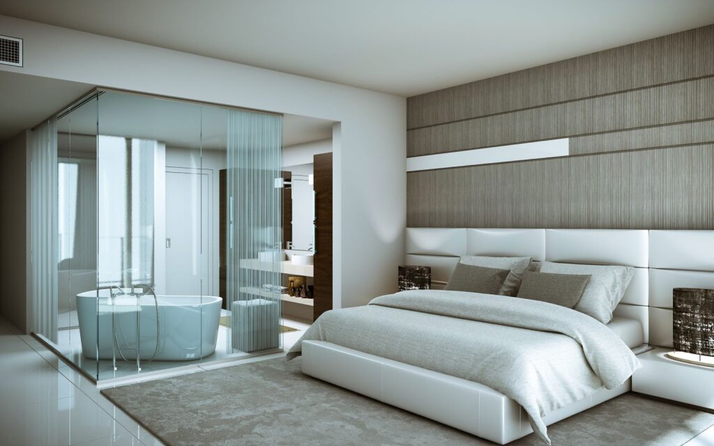 Interior 3D rendering of the luxury bedroom with a glazed bath room and a breathtaking view at Paramount Bay
