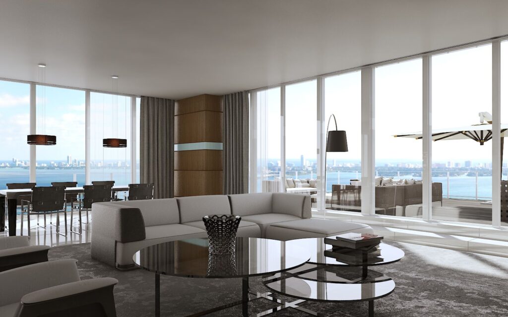Real estate 3D rendering of the luxury living room with a breathtaking view and a lot of furniture at Paramount Bay