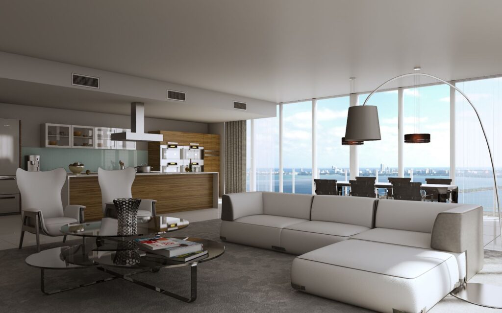 Real estate 3D rendering of the open concept luxury living room with a great view at Paramount Bay