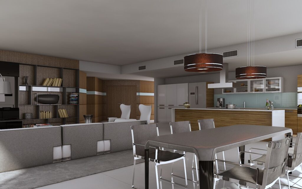 Residential 3D rendering of the luxury dining room with wooden furniture at Paramount Bay