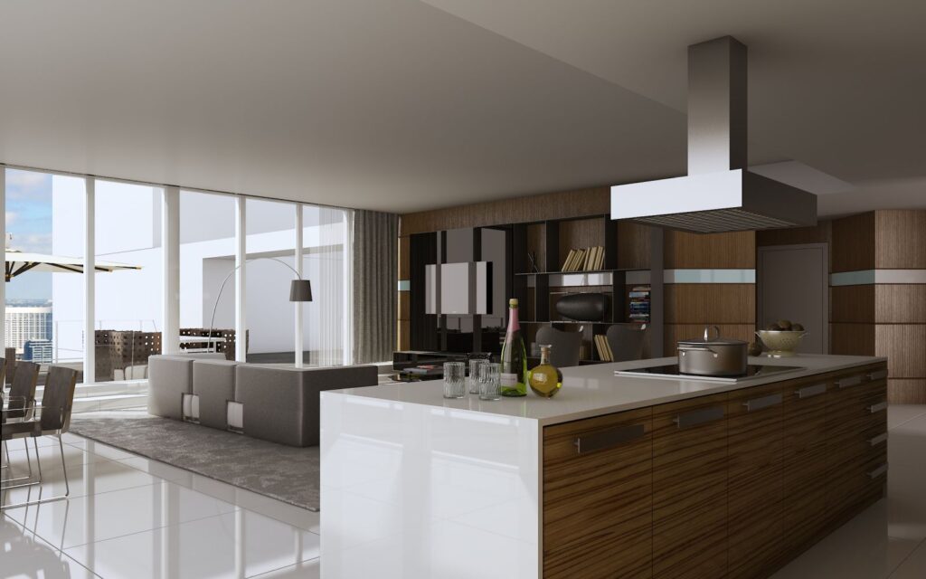 Residential 3D rendering of the open concept luxury kitchen with wooden furniture at Paramount Bay