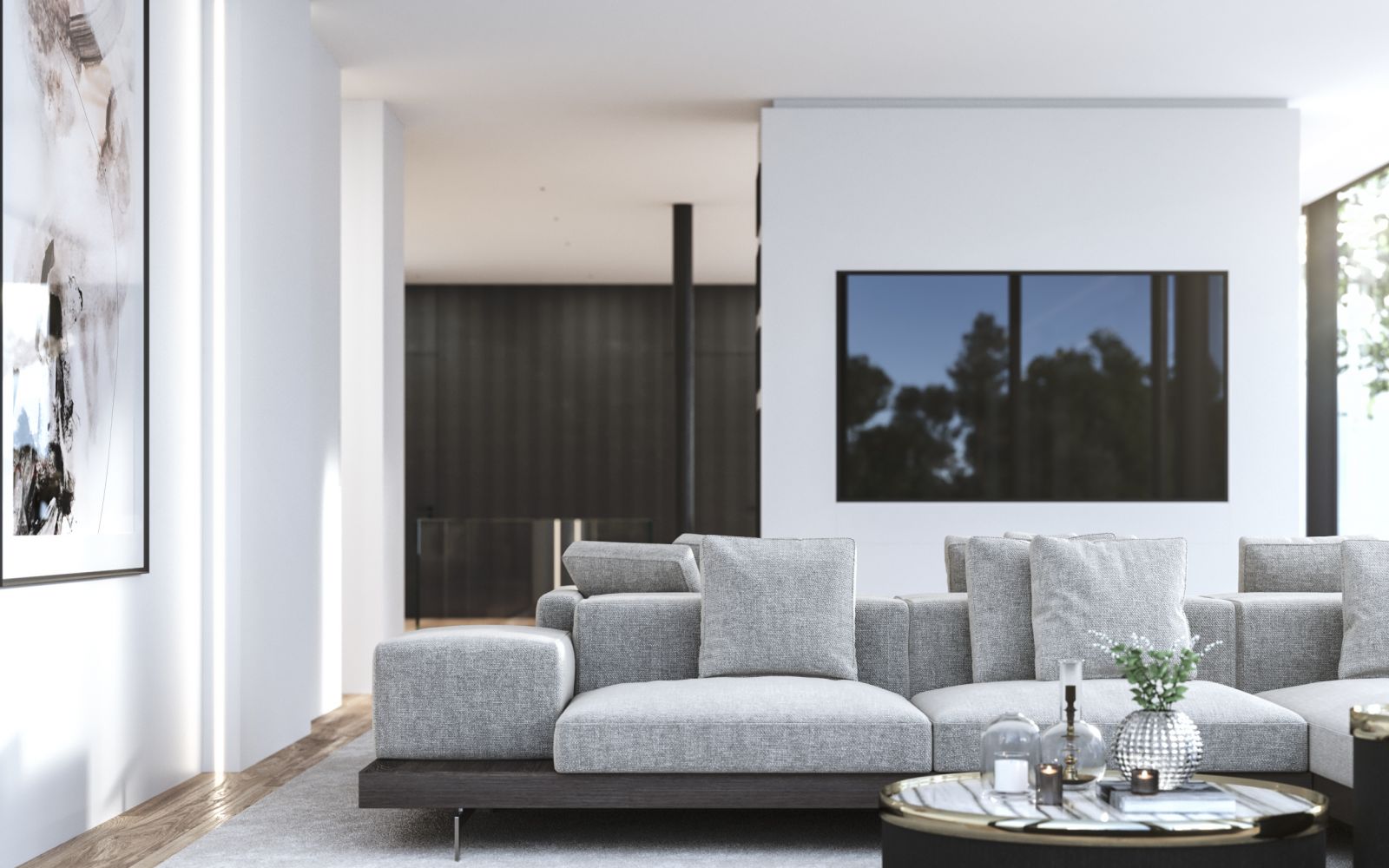 Interior 3D rendering of the modern living room, with lots of natural light, gray armchairs and pictures on the walls