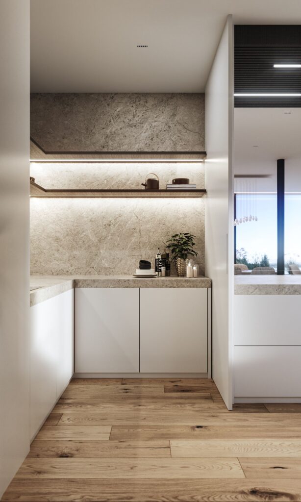 Interior 3D rendering of the Infinity kitchen with walls that have textures to add originality to the room and light furniture