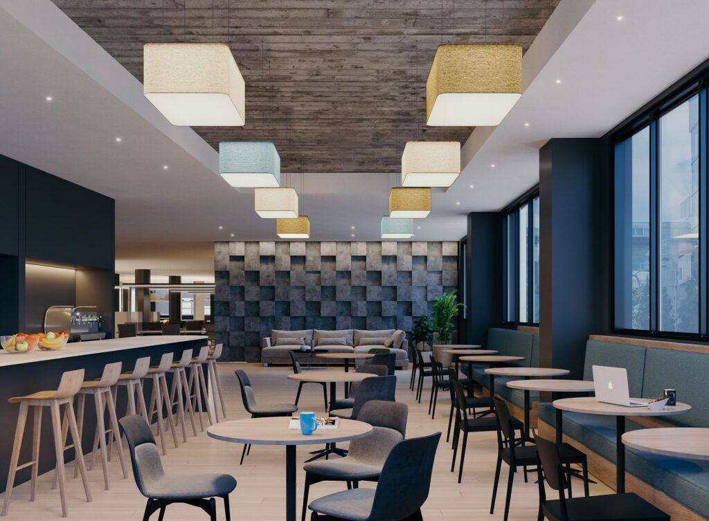 Furniture 3D rendering of several cube-shaped lamps that are located on the ceiling and have different colored screens