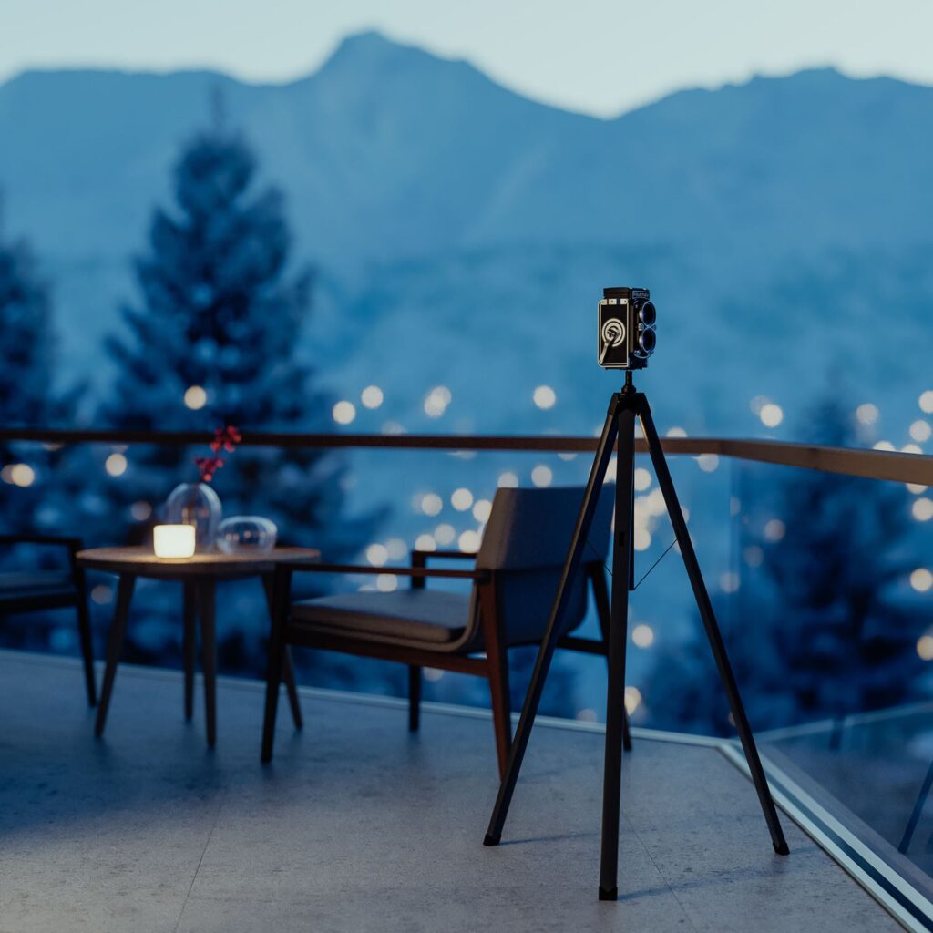 Commercial 3D rendering of the Six Senses hotel balcony decorated with wooden furniture and grey floors, to highlight the great view