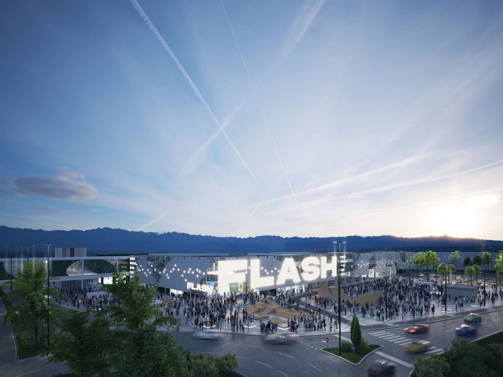 Exterior 3D rendering of the Le Fornaci facade with many lights that make the building stand out