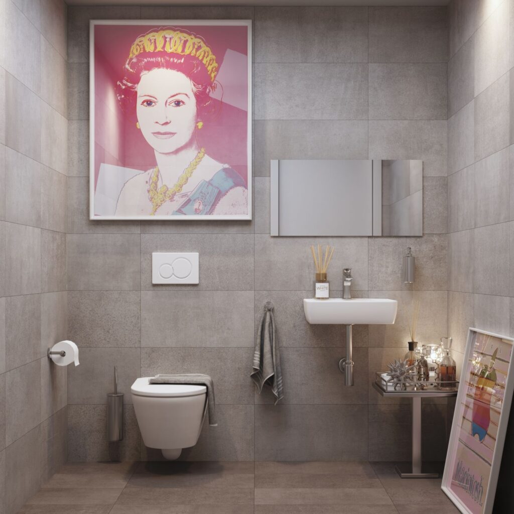 Commercial 3D rendering of the Bathrooms Magenta modern bathroom, with light tones, pictures on the walls and decorative furniture