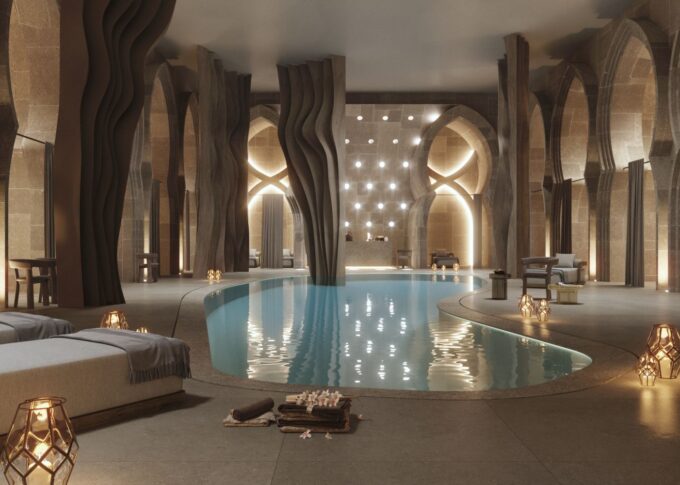 Commercial 3D rendering of the Spa in Doha designed with walls and floors of different materials and organic shapes to generate a warm environment