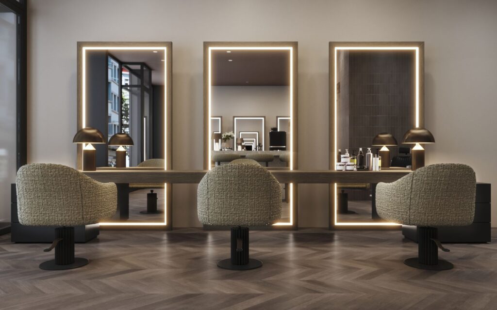 Commercial 3D rendering of the Hair salon EN VOGUE decorated with light gray and wood furniture and walls, as well as mirrors with lights